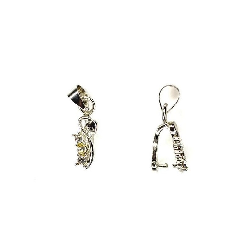 BAIL, PINCH TYPE, RHINESTONE, 7X19MM, 8MM GRIP LENGTH, RHODIUM PLATED BRASS, NICKEL FREE. SOLD PER PACK OF 10 .