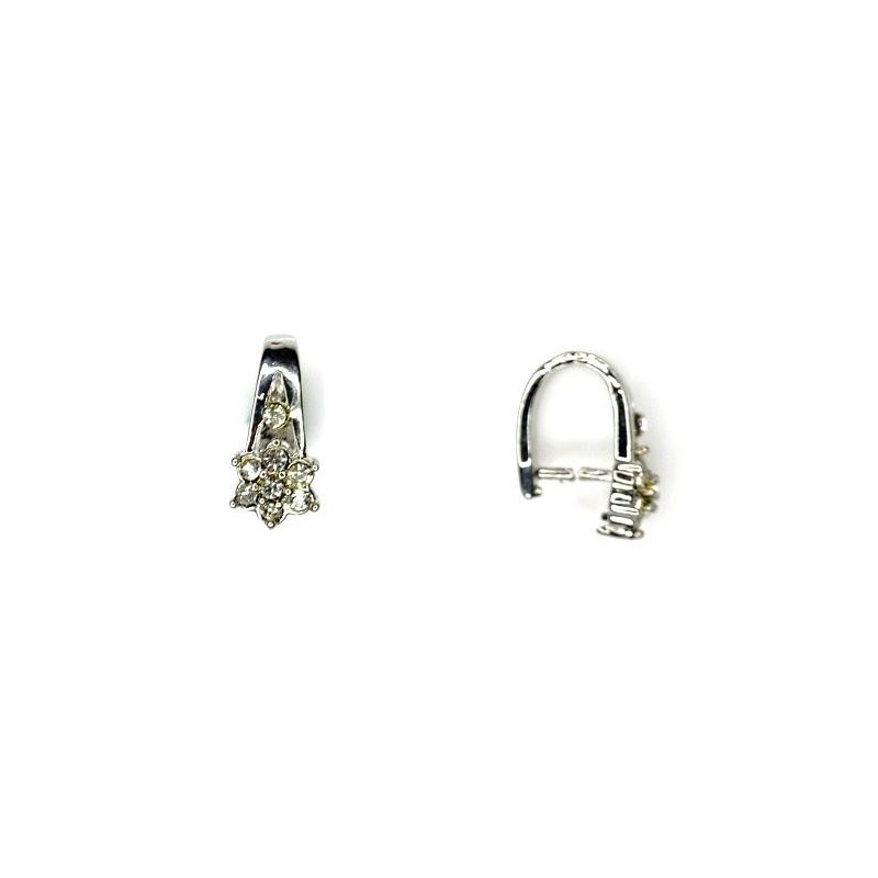 BAIL, PINCH TYPE, FLOWER, RHINESTONE, 10X14MM, 7MM GRIP LENGTH, RHODIUM PLATED BRASS, NICKEL FREE. SOLD PER PACK OF 10.