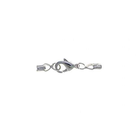 CLASP SET, LOBSTER CLAW 10MM WITH 1MM CORD CRIMP ENDS, RHODIUM PLATED BRASS. SOLD PER PACK OF 10.