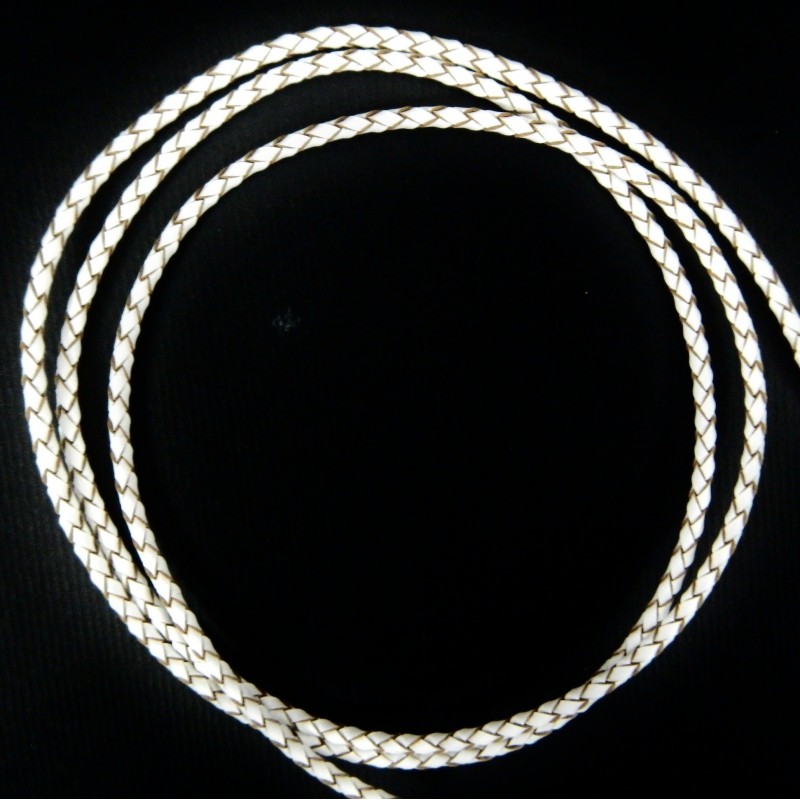 CORD, COWHIDE LEATHER BOLA, 3MM, WHITE. SOLD PER PACK OF 1YD.