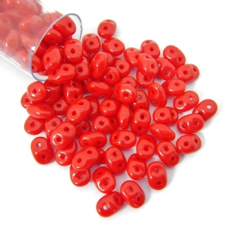 SUPERDUO, 2.5X5MM, OPAQUE CORAL RED. SOLD PER TUBE OF 10GM.