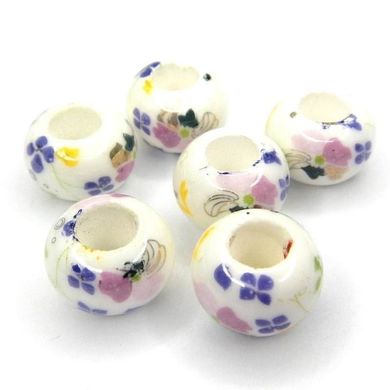 CERAMIC, RONDELLE, FLORAL, 13X8MM, MULTI COLORED. SOLD PER PACK OF 10.