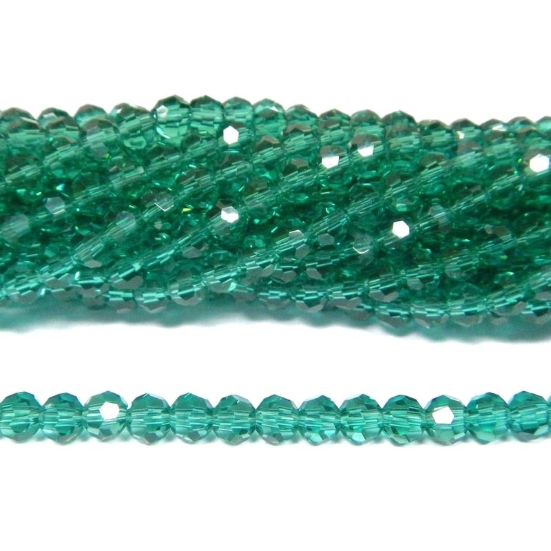 BEAD, GLASS CRYSTAL, 4MM, ROUND, FACETED, PEACOCK GREEN. SOLD PER STRAND OF 14 INCH (APPROX 100PCS).