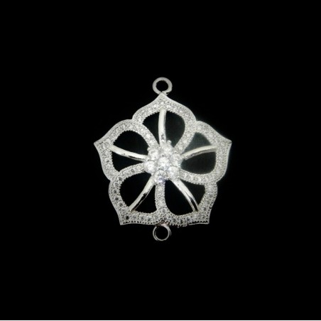 CONNECTOR, PLUM FLOWER, 28MM, CUBIC ZIRCONIA (CZ), PLATINUM PLATED BRASS, NICKEL FREE. SOLD INDIVIDUALLY.