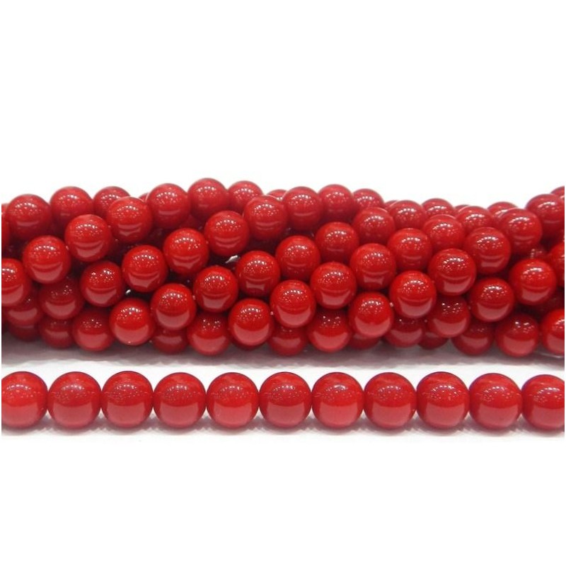 BEAD, GLASS PEARL, 8MM, ROUND, CORAL RED, LEAD FREE. SOLD PER STRAND OF 16" (APPROX 52PC).