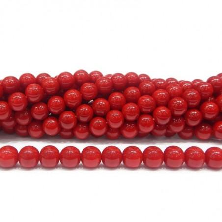 BEAD, GLASS PEARL, 8MM, ROUND, CORAL RED, LEAD FREE. SOLD PER STRAND OF 16" (APPROX 52PC).