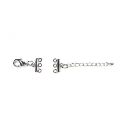 CLASP SET, LOBSTER CLAW 15MM, 3-STRAND, RHODIUM PLATED BRASS. SOLD PER PACK OF 3.