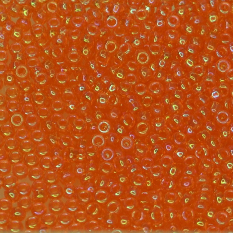 SEED BEAD, MIYUKI, 11/0 TRANSPARENT ORANGE AB (RR253). SOLD PER PACK OF 10GM.