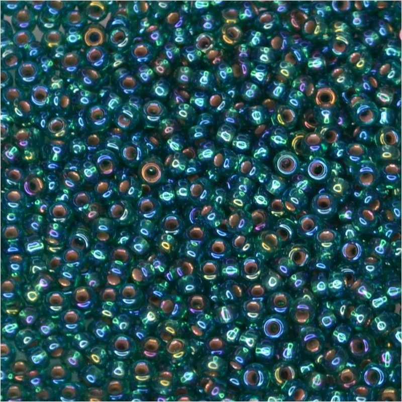SEED BEAD, MIYUKI, 11/0 SILVERLINED EMERALD AB (RR1017). SOLD PER PACK OF 10GM.