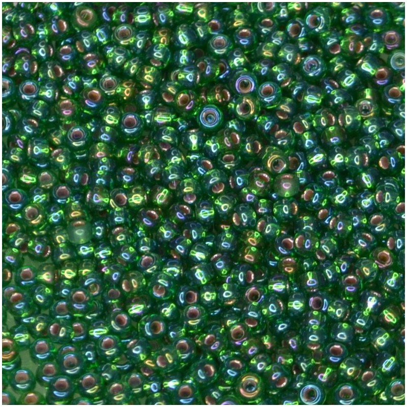 SEED BEAD, MIYUKI, 11/0 SILVERLINED GREEN AB (RR1016). SOLD PER PACK OF 10GM.
