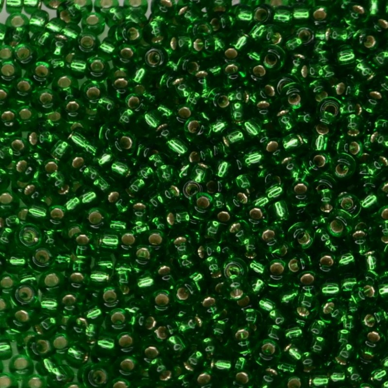 SEED BEAD, MIYUKI, 11/0 SILVERLINED GREEN (RR16). SOLD PER PACK OF 10GM.