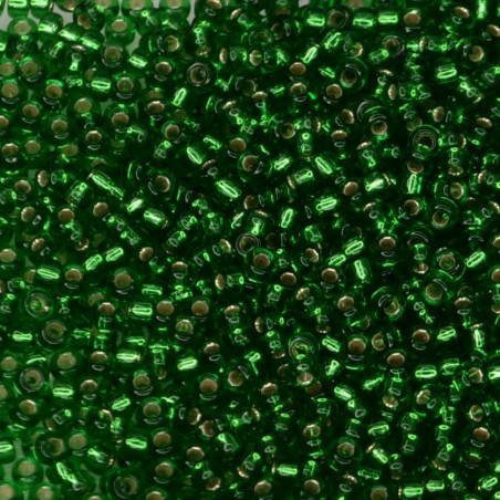SEED BEAD, MIYUKI, 11/0 SILVERLINED GREEN (RR16). SOLD PER PACK OF 10GM.