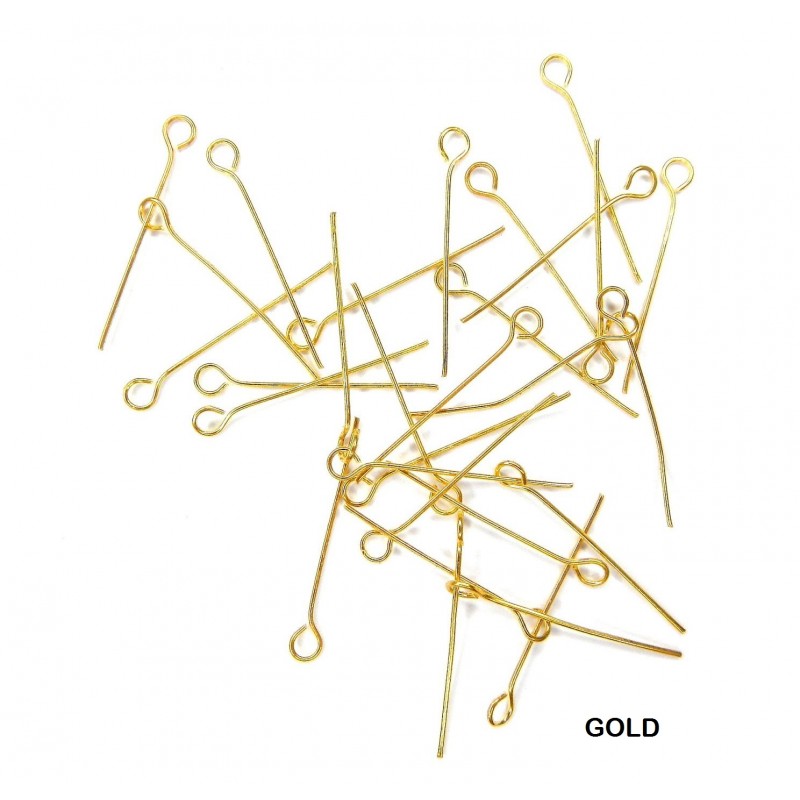 EYEPIN, 0.6MM  THICKNESS, GOLD COLOR, NICKEL FREE. SOLD PER PACK OF 20GM.