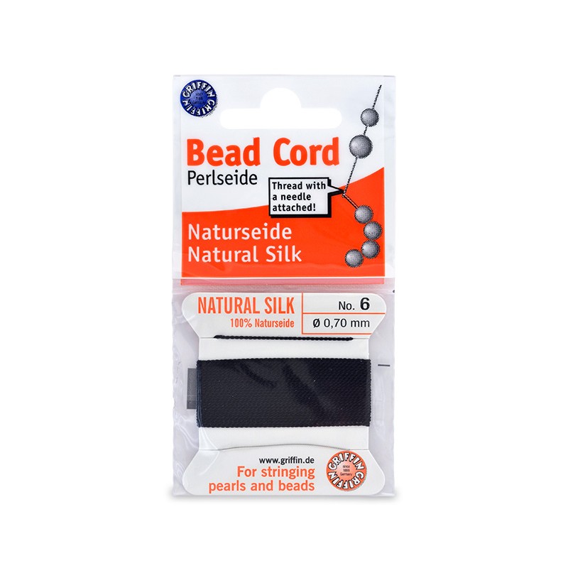 SILK THREAD, SIZE 6, BLACK, WITH NEEDLE. SOLD PER CARD OF 2M.