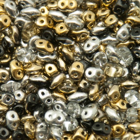 SUPERDUO, 2.5X5MM, SILVER & GOLD. SOLD PER TUBE OF 10GM.