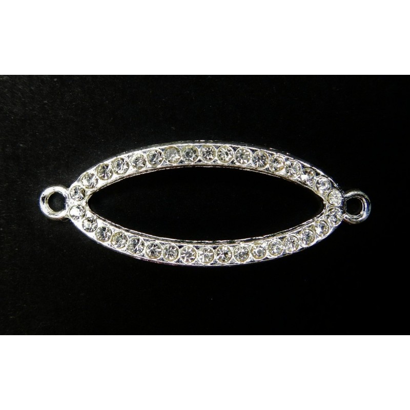 CONNECTOR, OVAL, 47X18MM, RHINESTONE, SILVER PLATED. SOLD PER PACK OF 2.