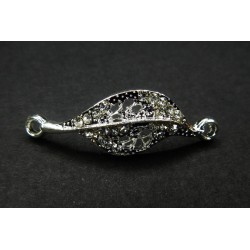 CONNECTOR, LEAF, 34X12MM, RHINESTONE, SILVER PLATED. SOLD PER PACK OF 3.