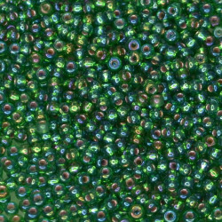 SEED BEAD, MIYUKI, 11/0 SILVERLINED GREEN AB (RR1016). SOLD PER PACK OF 10GM.