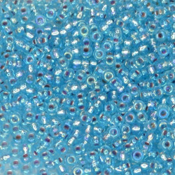 SEED BEAD, MIYUKI, 11/0 SILVERLINED AQUA AB (RR1018). SOLD PER PACK OF 10GM.