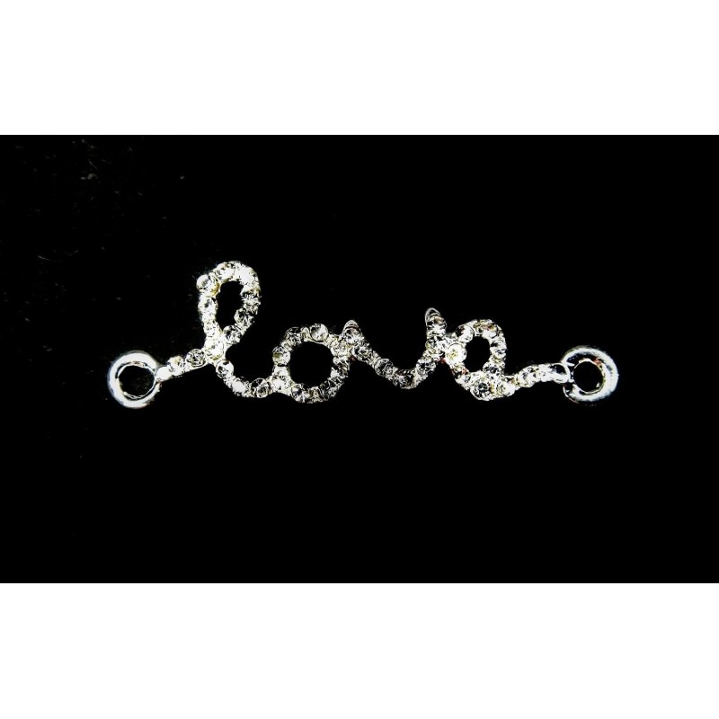 CONNECTOR, LOVE, 38X10MM, RHINESTONE, SILVER PLATED. SOLD PER PACK OF 3.