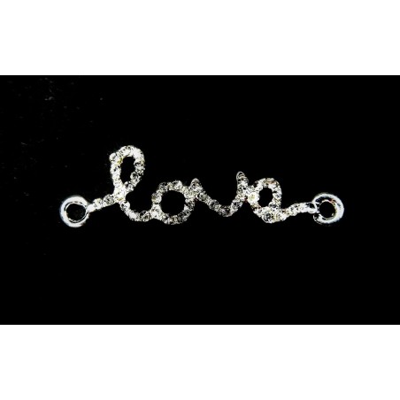 CONNECTOR, LOVE, 38X10MM, RHINESTONE, SILVER PLATED. SOLD PER PACK OF 3.