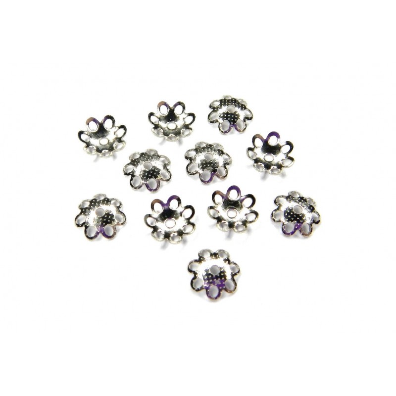 BEADCAP, FLOWER, 7MM, RHODIUM PLATED BRASS, NICKEL FREE. SOLD PER PACK OF 100.