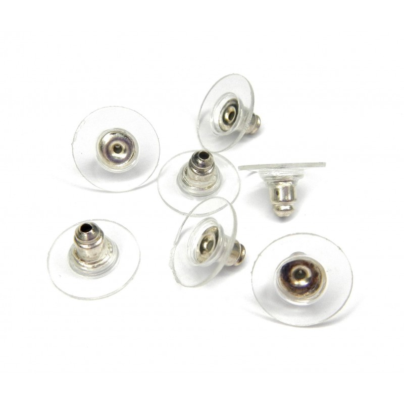 EARNUT, 11MM CLEAR PLASTIC, SILVER PLATED. SOLP PER PACK OF 20.